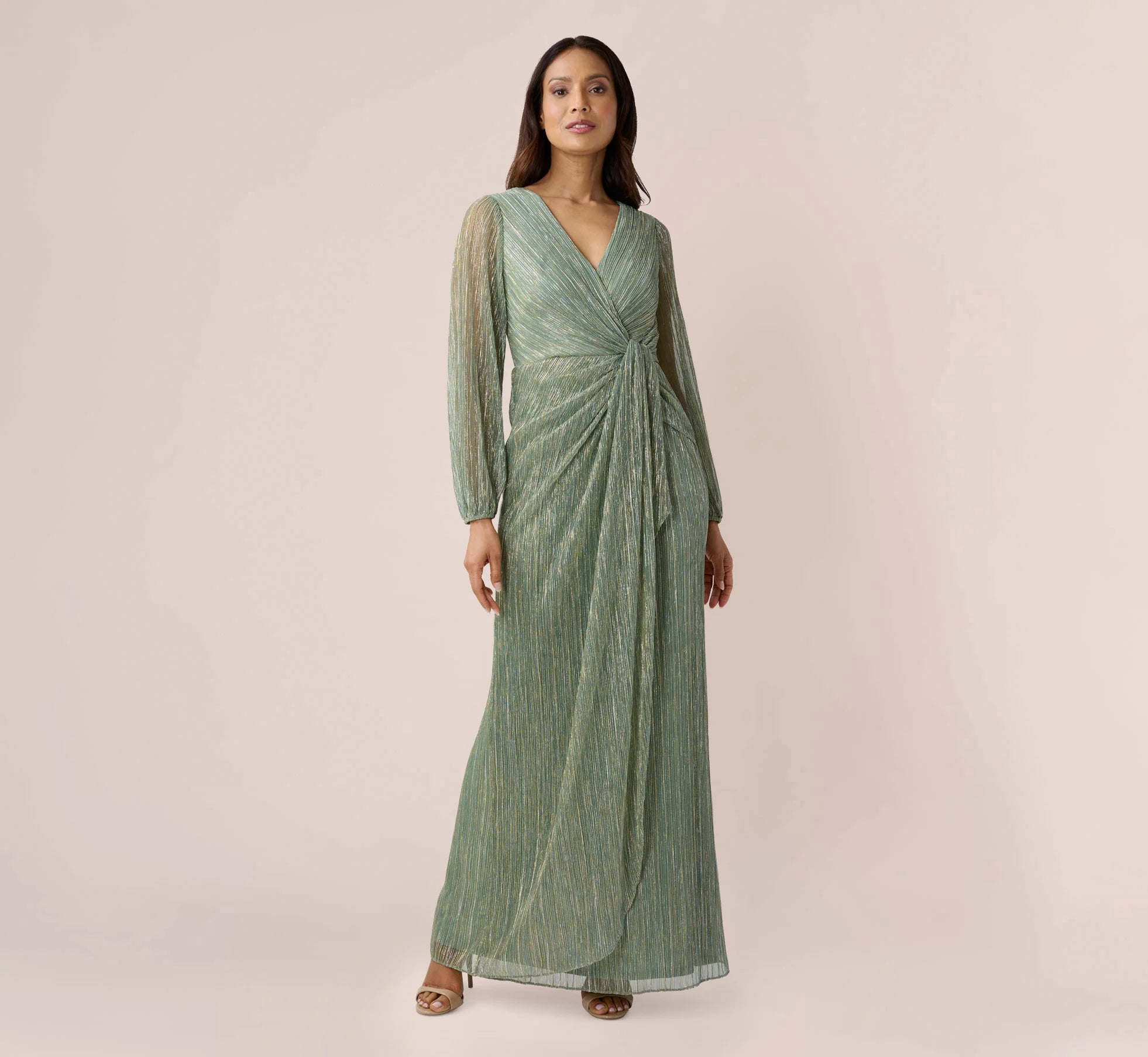 Metallic Crinkled Mesh Draped Long Gown In Green Slate
