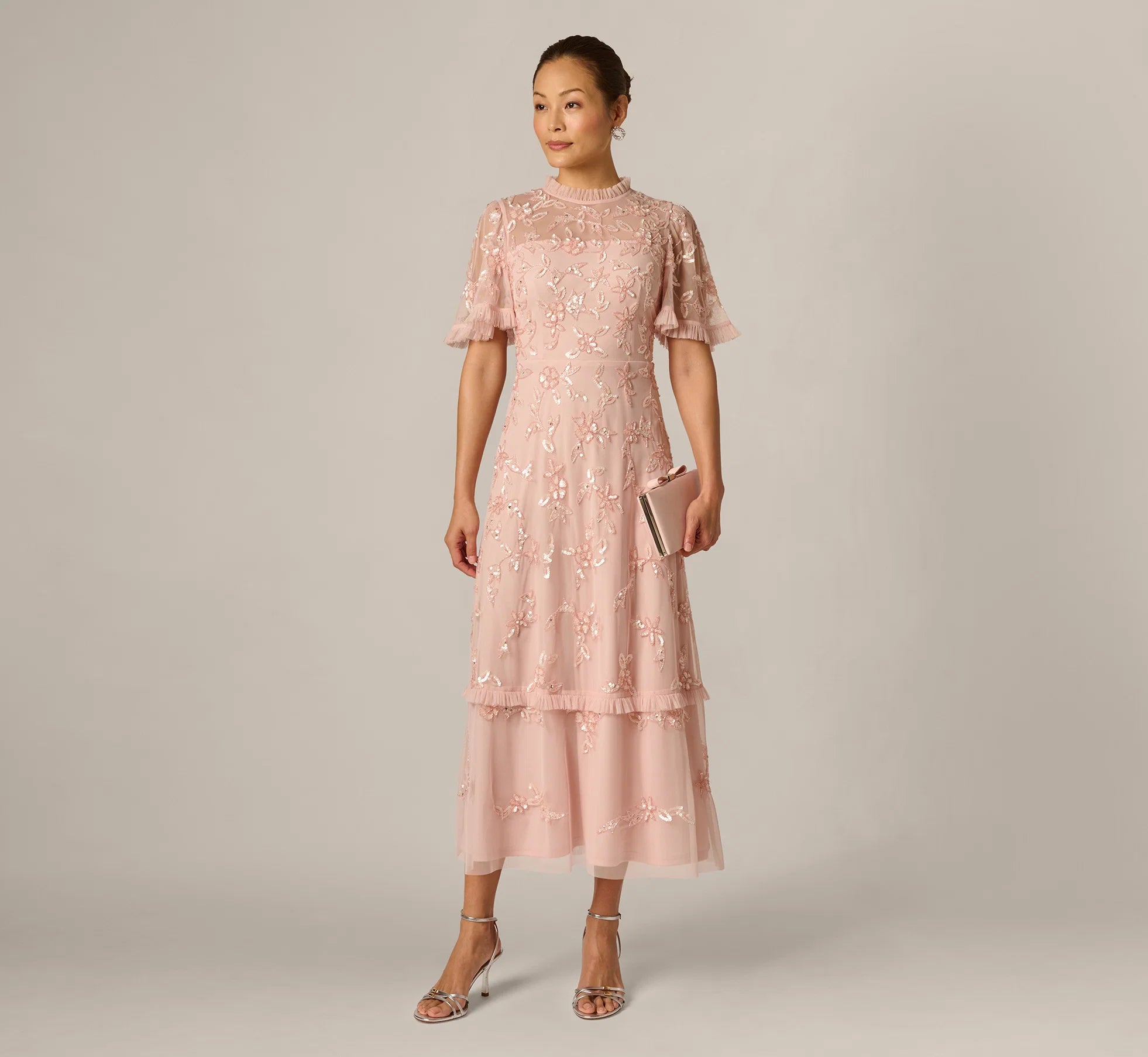 Flutter Sleeve Ruffle Floral Beaded Midi Dress In Blush Whisper