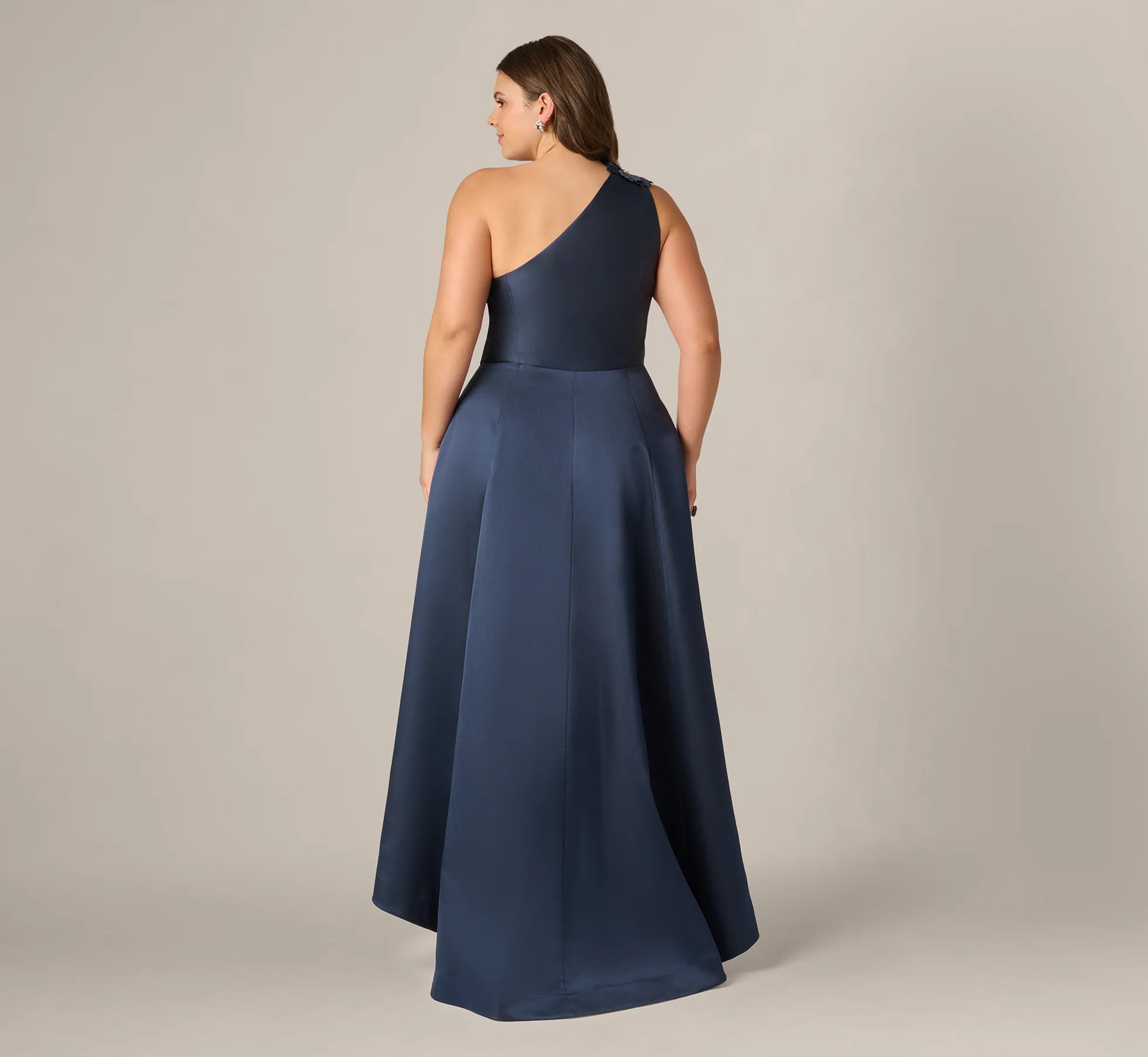 Plus Size One Shoulder Draped Mikado High Low Gown In Midnight