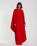 Red Crepe Boat Neck Kaftan Maxi Dress With Belt