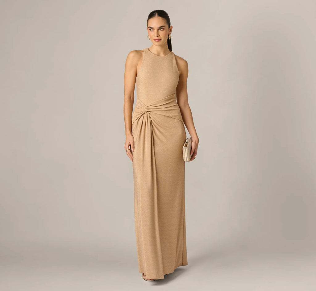Metallic Stretch Knit Draped Gown In Light Gold