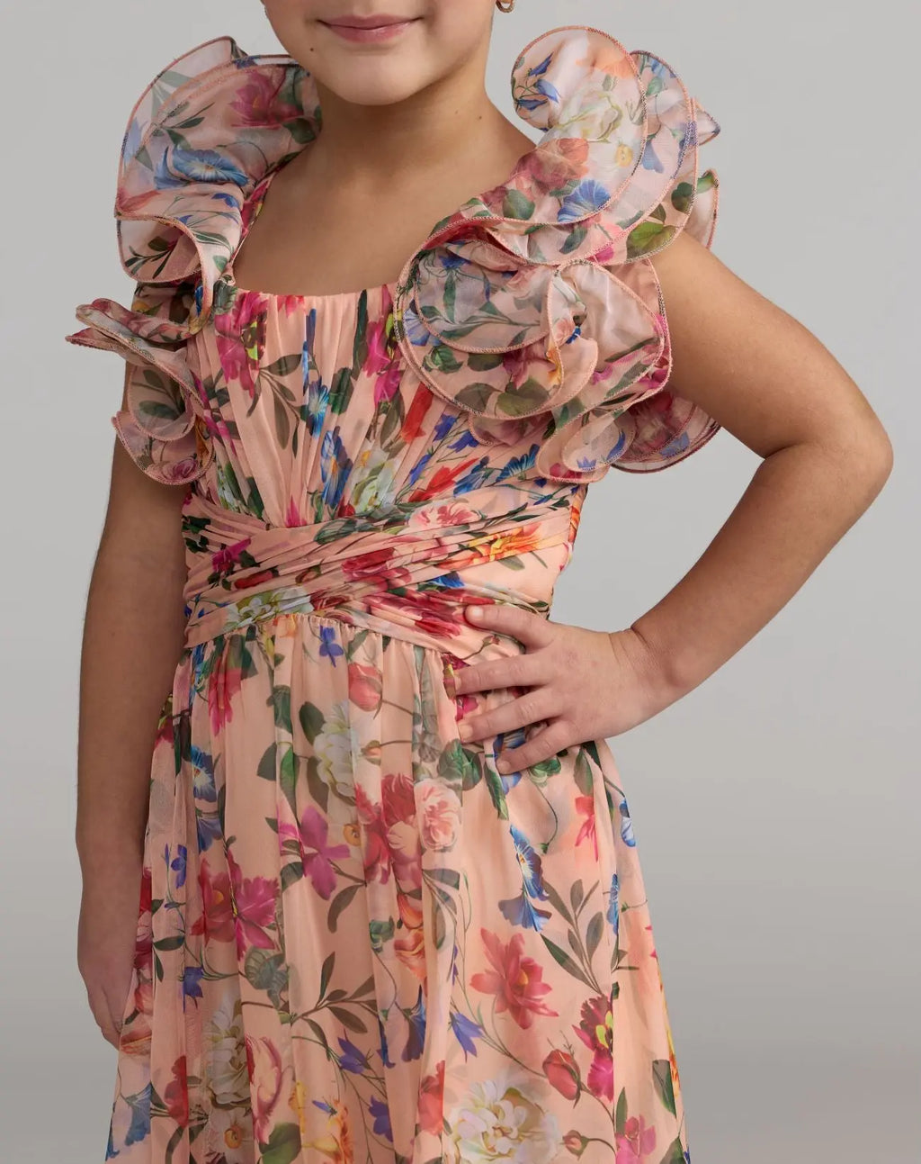 Girls Pink Floral Chiffon Ruffle Shoulder Dress