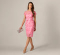 Short Sleeve Embroidered Illusion Sheath Dress In Cherry Blossom