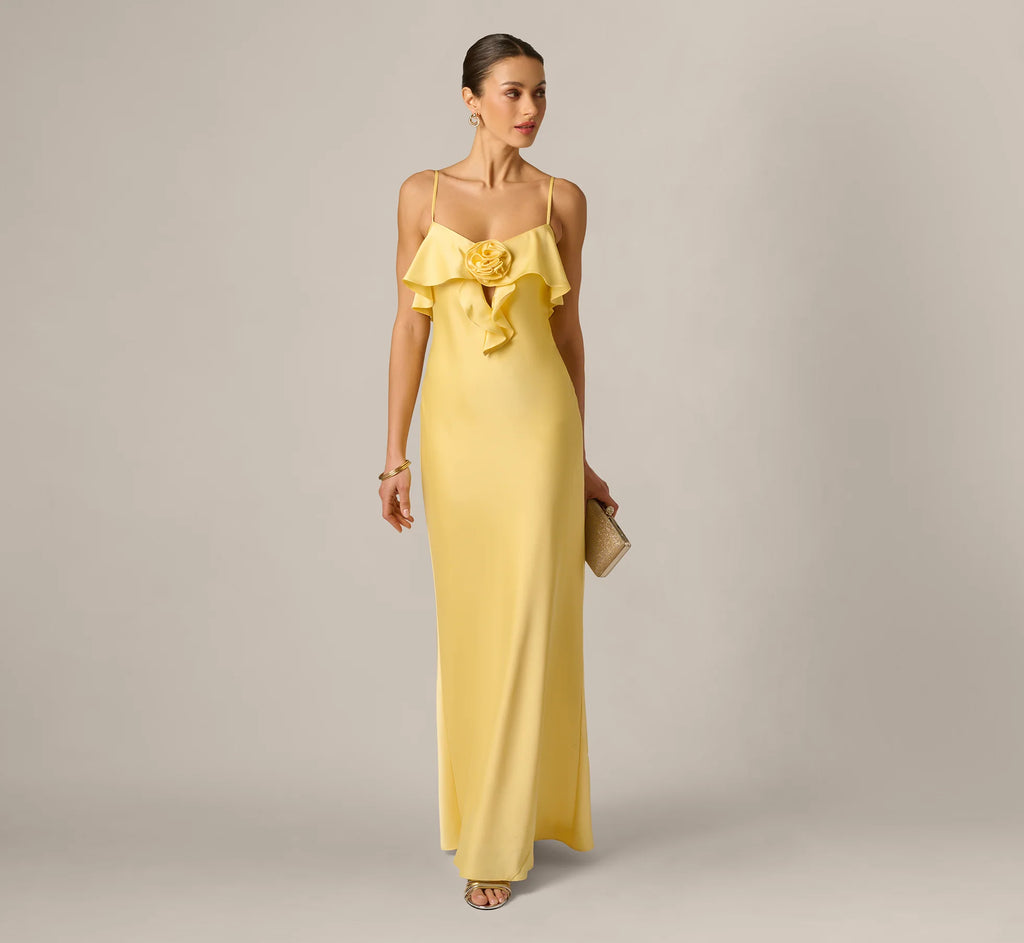 Stretch Satin Flounce Rosette Slip Gown In Butter Yellow