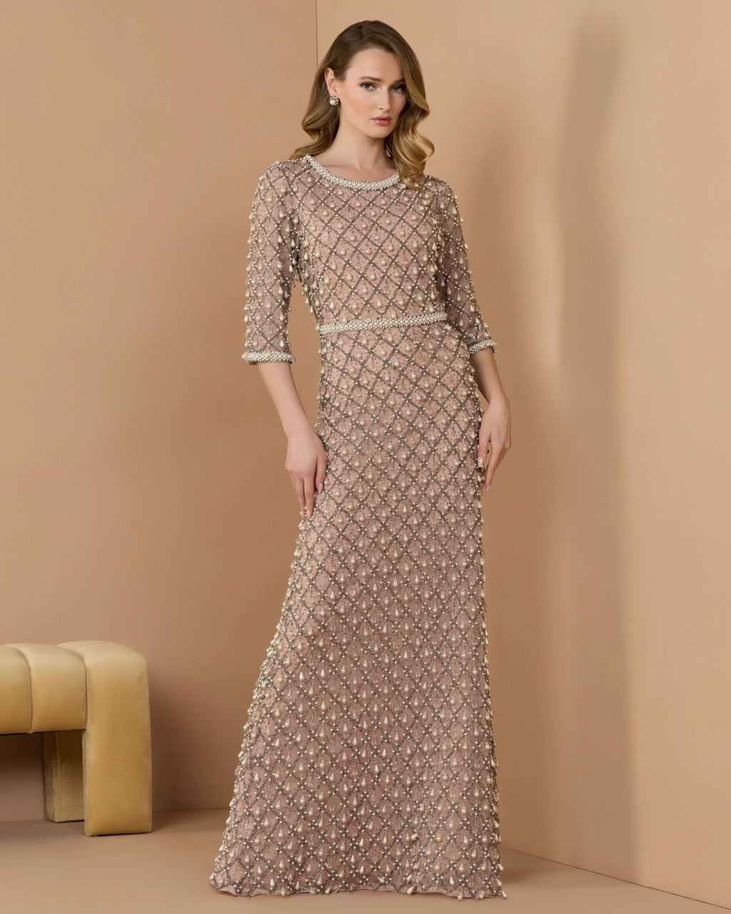 Pearl Embellished 3/4 Sleeve Gown