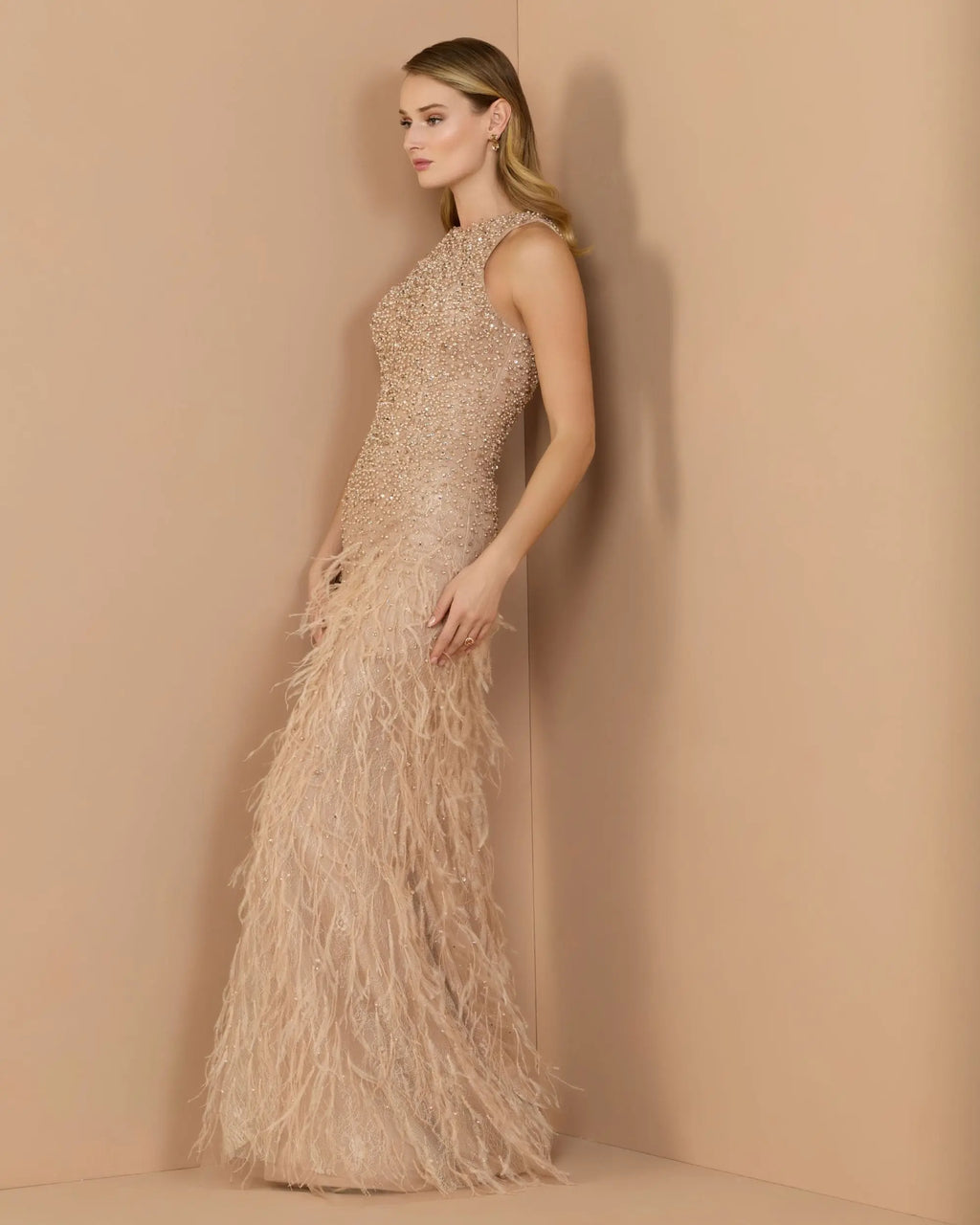 Beige Embellished Lace Sleeveless Feather Gown