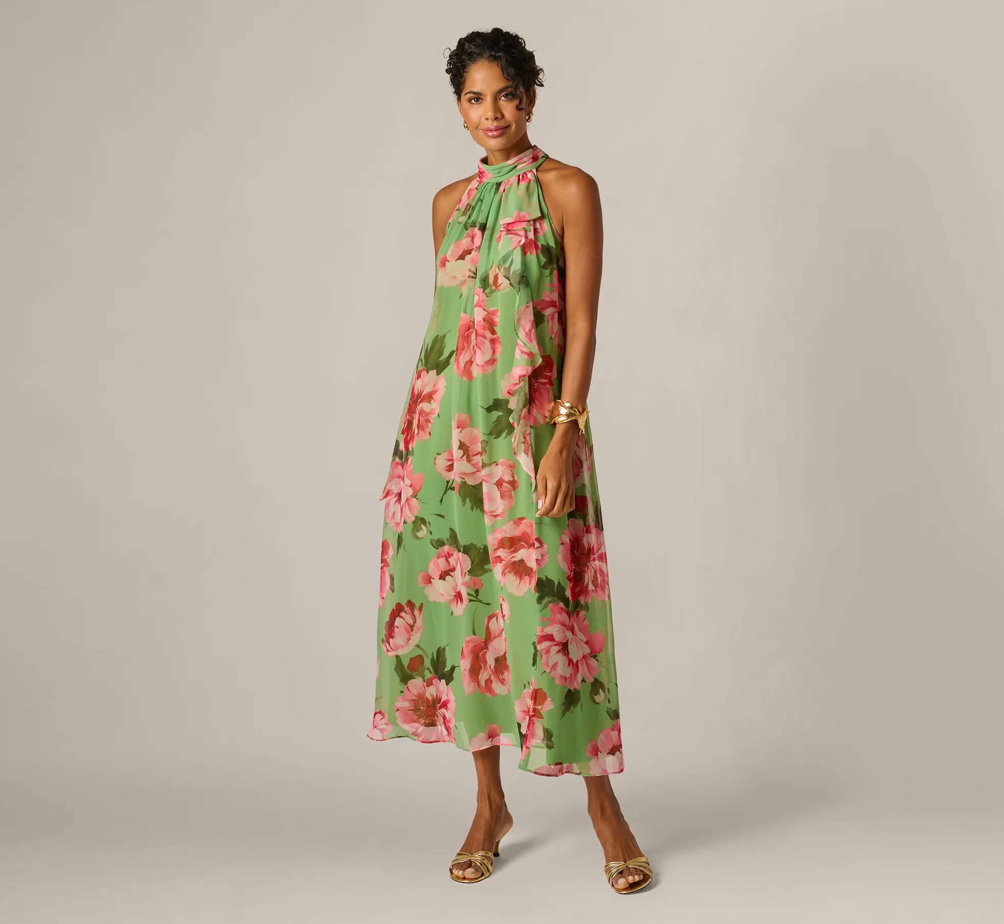 Draped Floral Chiffon Halter Trapeze Gown In Lime Multi