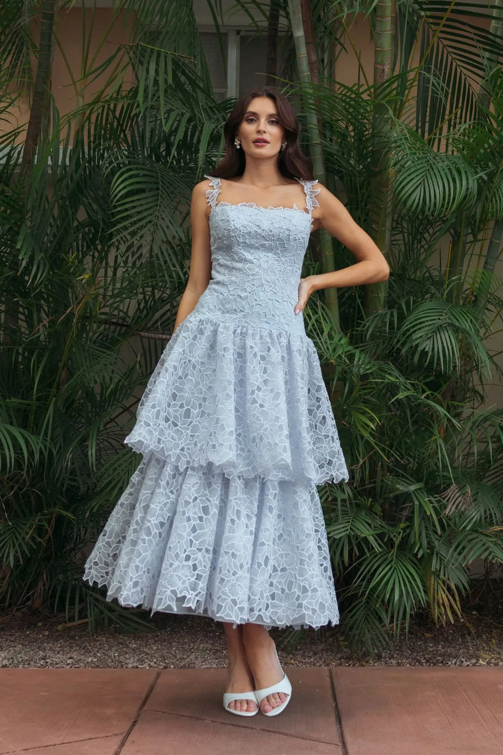 Blue Sleeveless Embroidered Lace Tiered Midi Dress