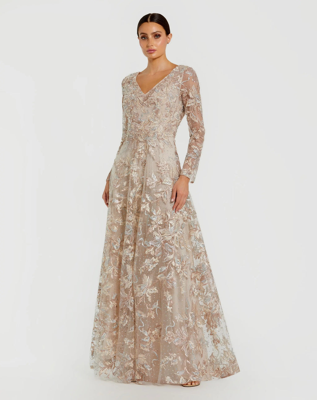 Beige Embroidered Long Sleeve A-Line Gown