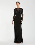 Black Long Sleeve Floral Embellished Column Gown