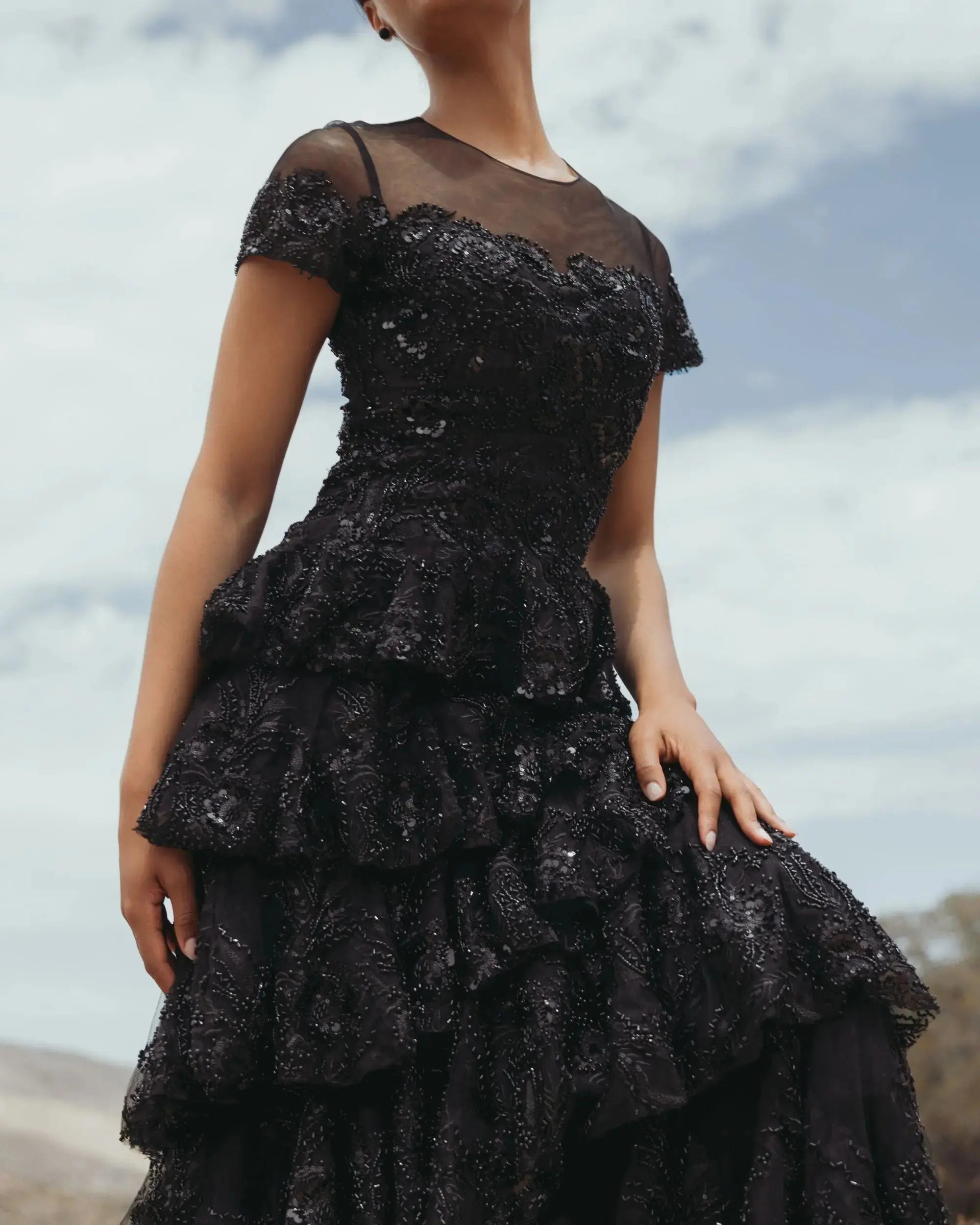 Black Embellished High Neck Gown With Tiered Ruffle Skirt
