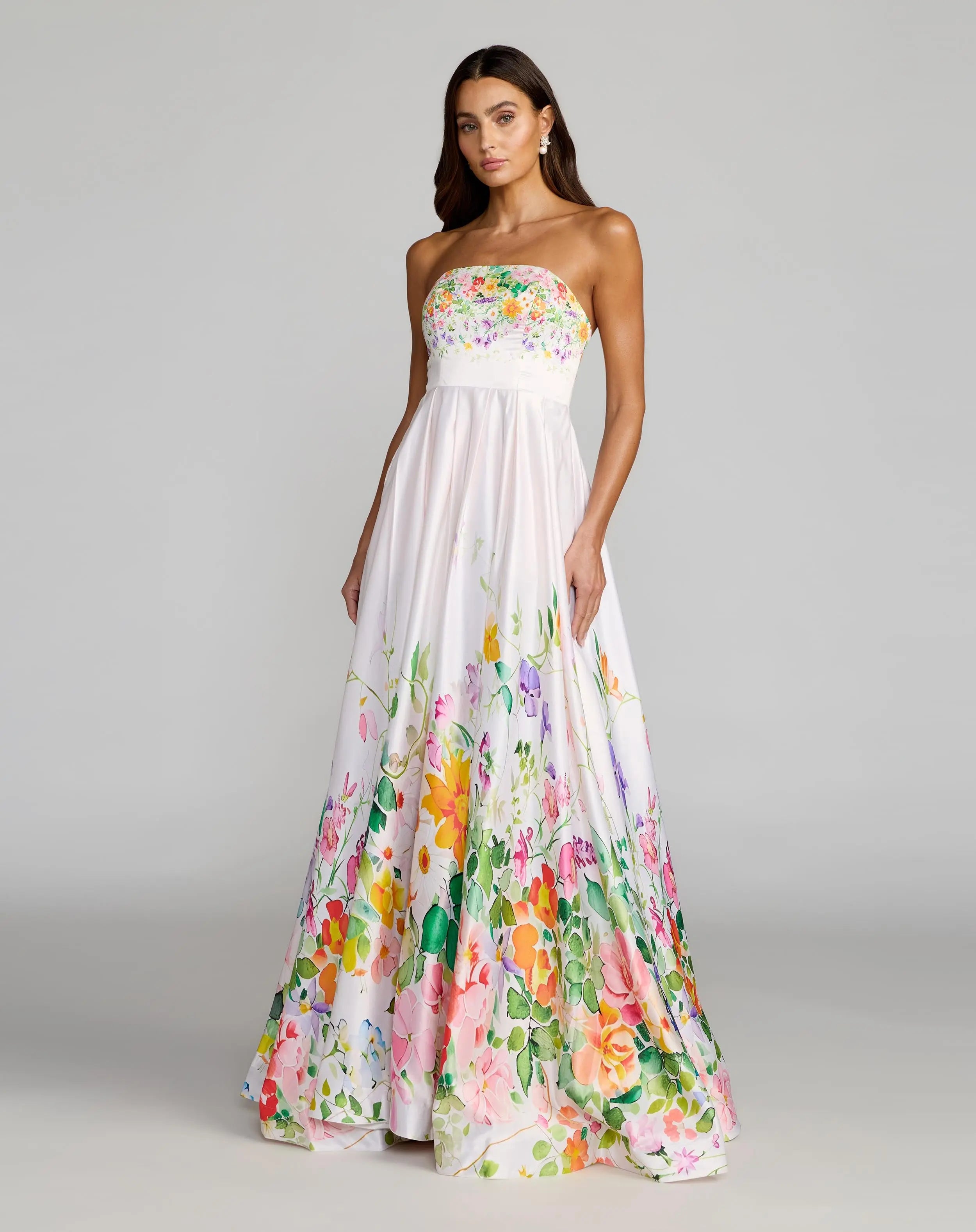White Floral Print Strapless Satin A Line Gown With Pockets