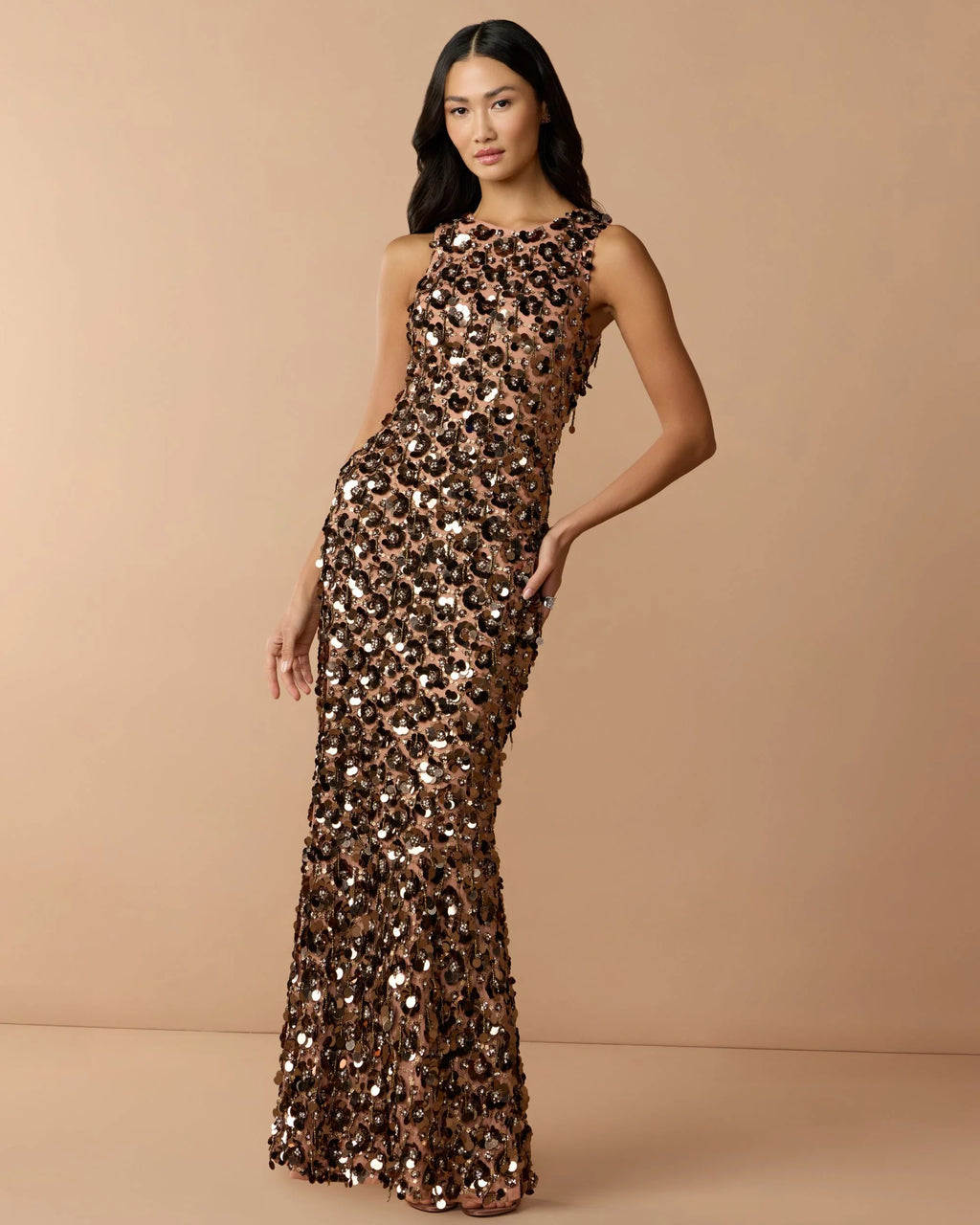 Brown Sequin Embellished Sleeveless Gown With Beaded Fringe