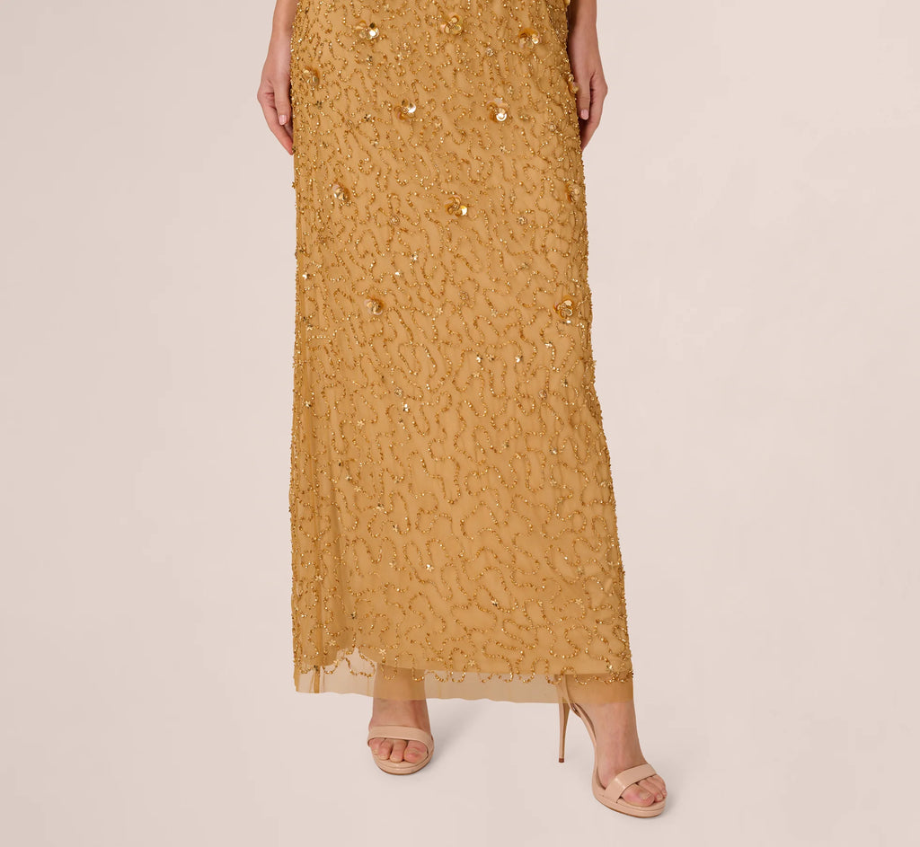 Sleeveless V Neck 3D Floral Beaded Gown In Golden Ray