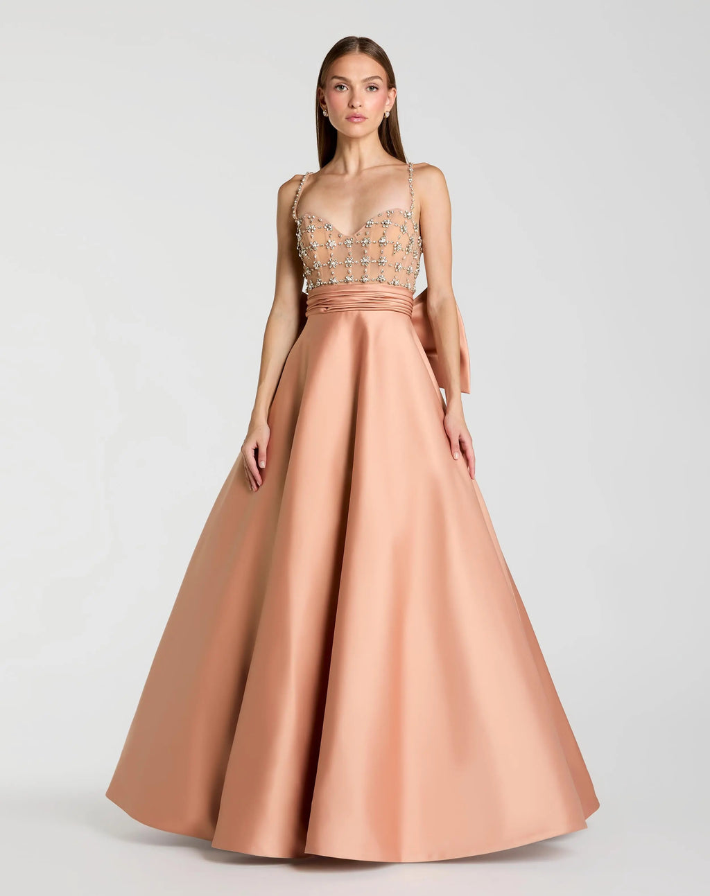 Peach Embellished Bodice Sweetheart Neck Satin Ball Gown