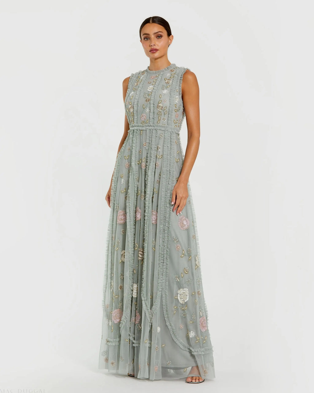 Green Floral Mesh Sleeveless A Line Micro Ruffle Gown