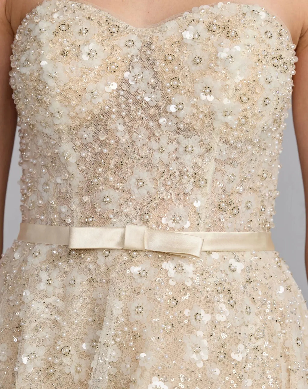Ivory Strapless Embellished Lace A-Line Midi Dress