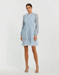 Blue Floral Long Sleeve Micro Ruffle Mini Dress