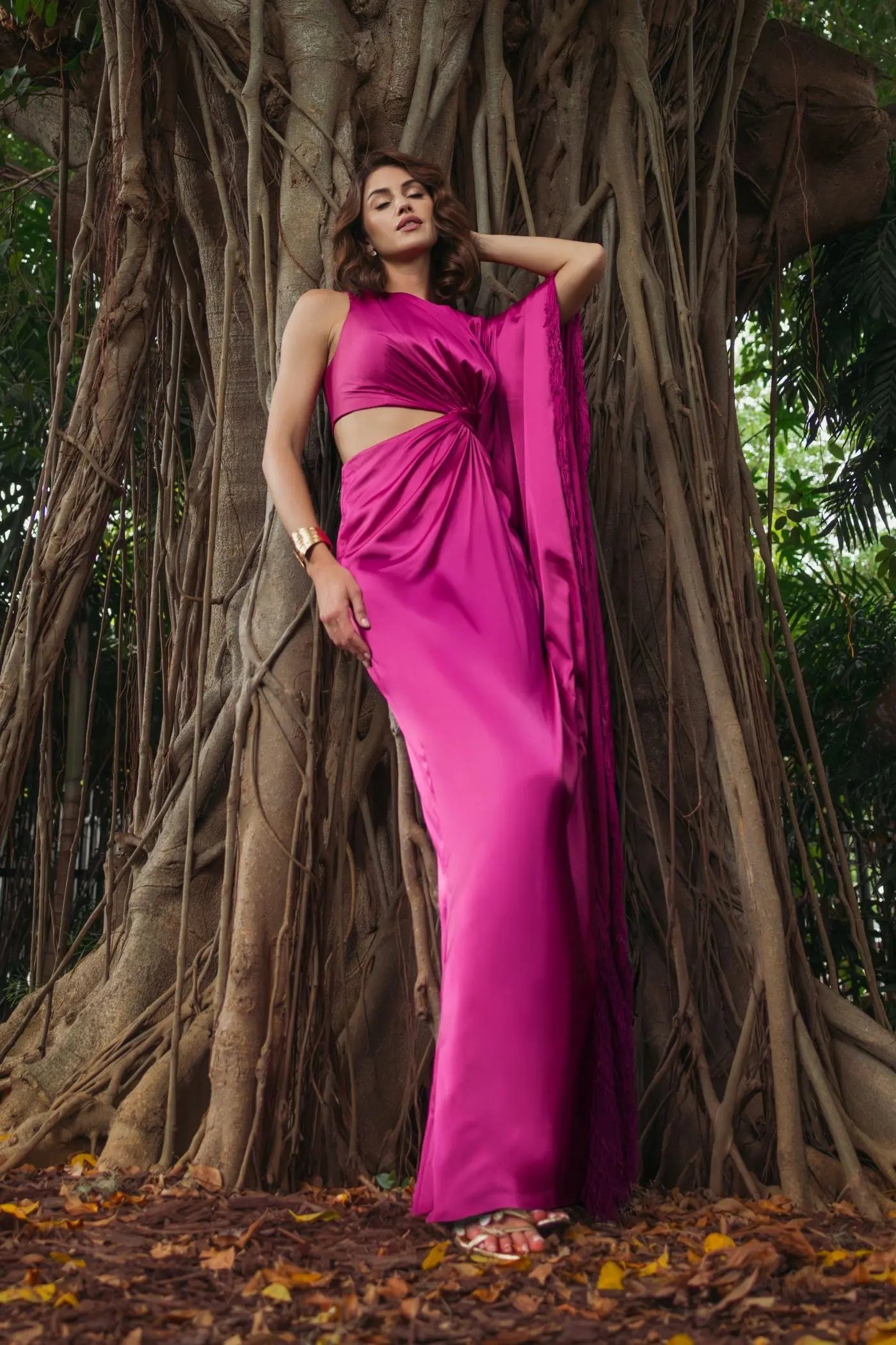 Purple Charmeuse Kaftan Sleeve Gown With Fringe Detail