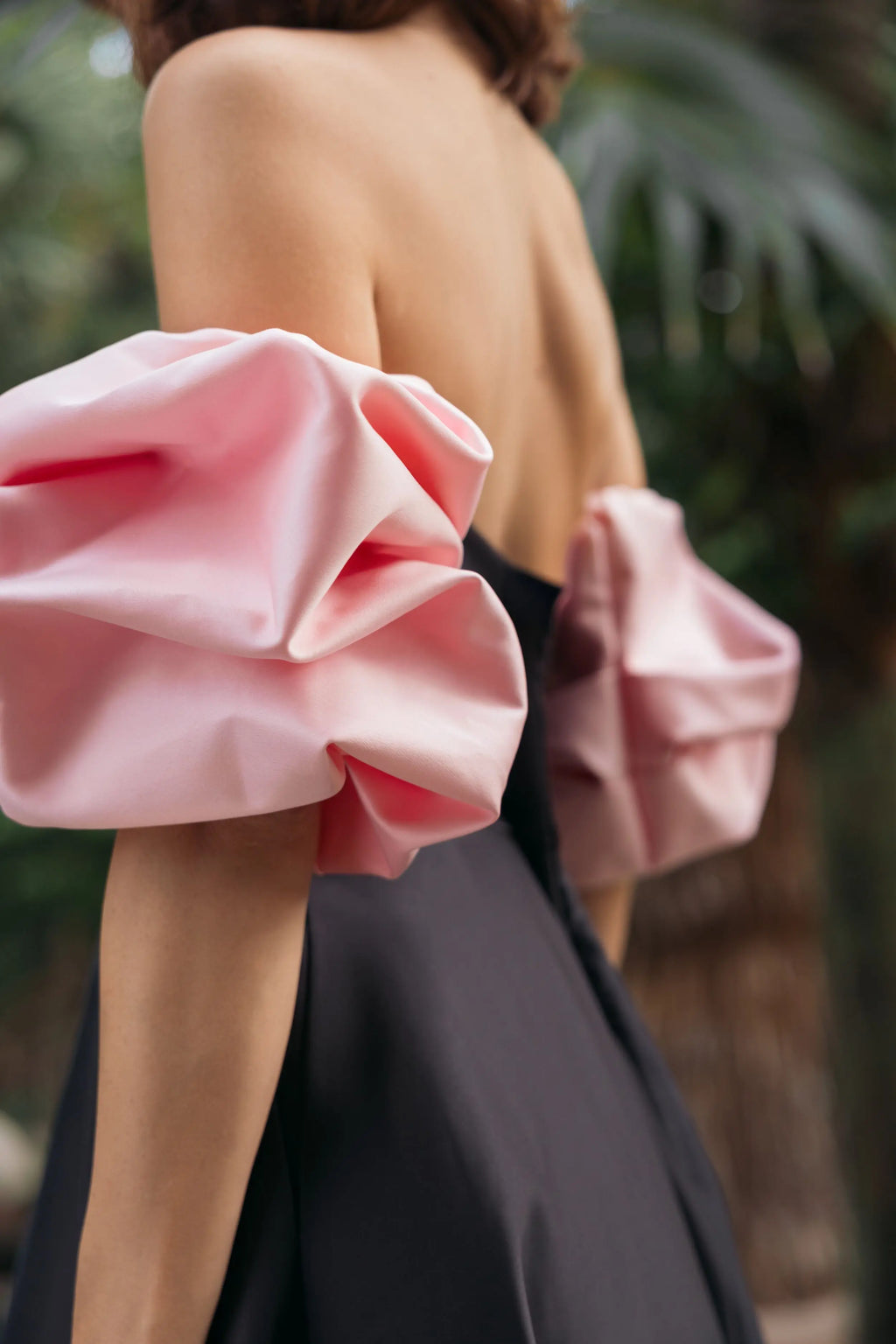 Black Satin Off The Shoulder Puff Sleeve Ball Gown