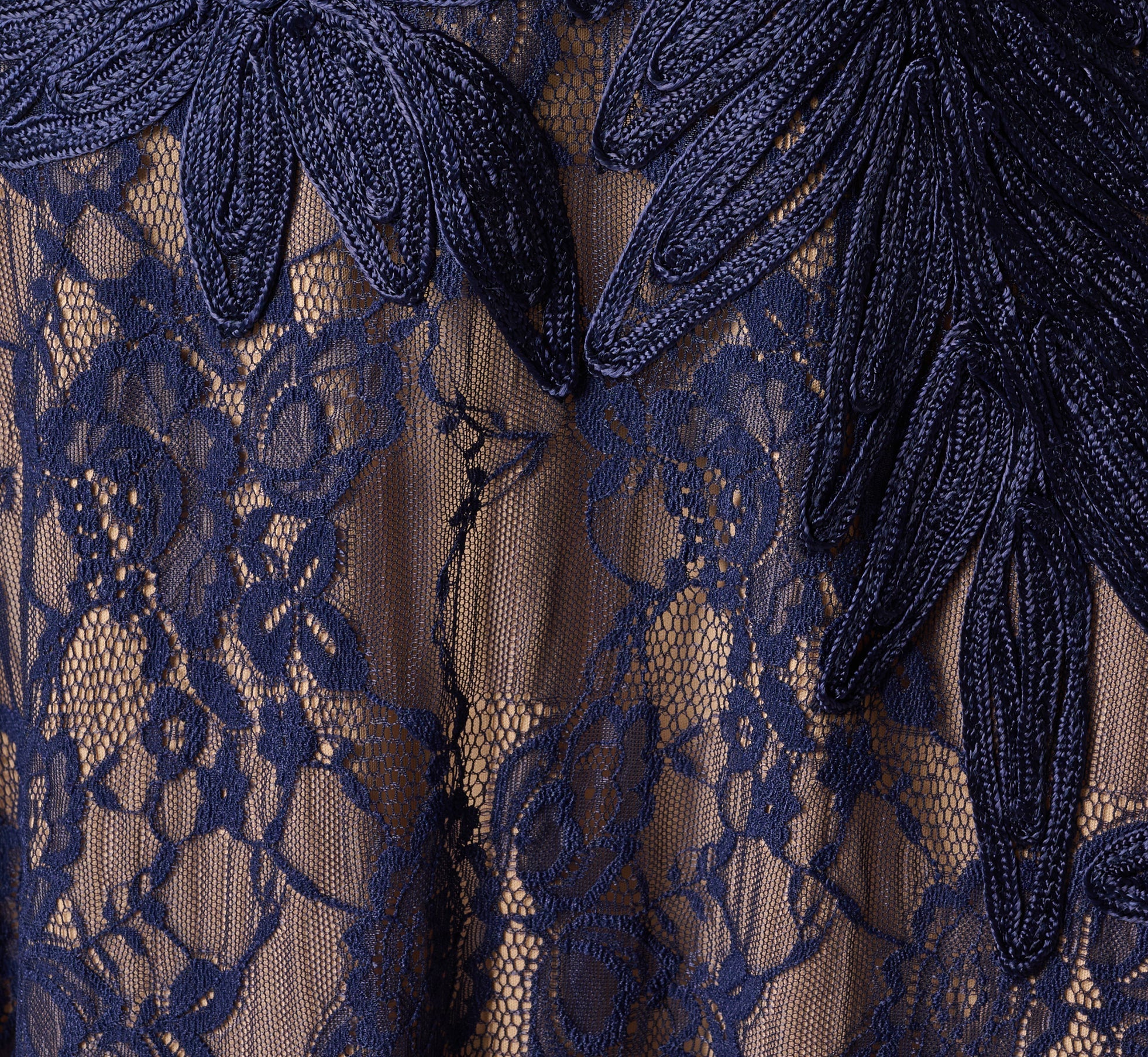 Short Sleeve Lace Soutache Embroidery Gown In Navy Nude