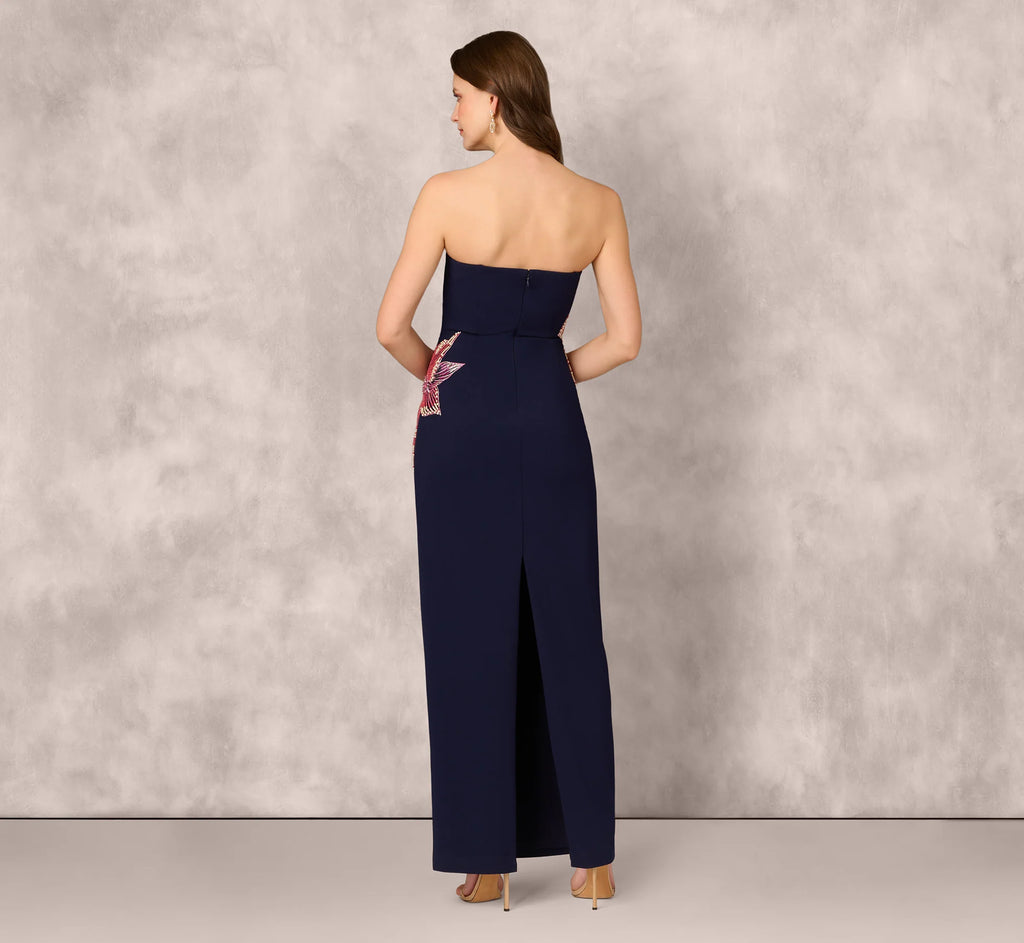 Strapless Beaded Flower Gown In Navy