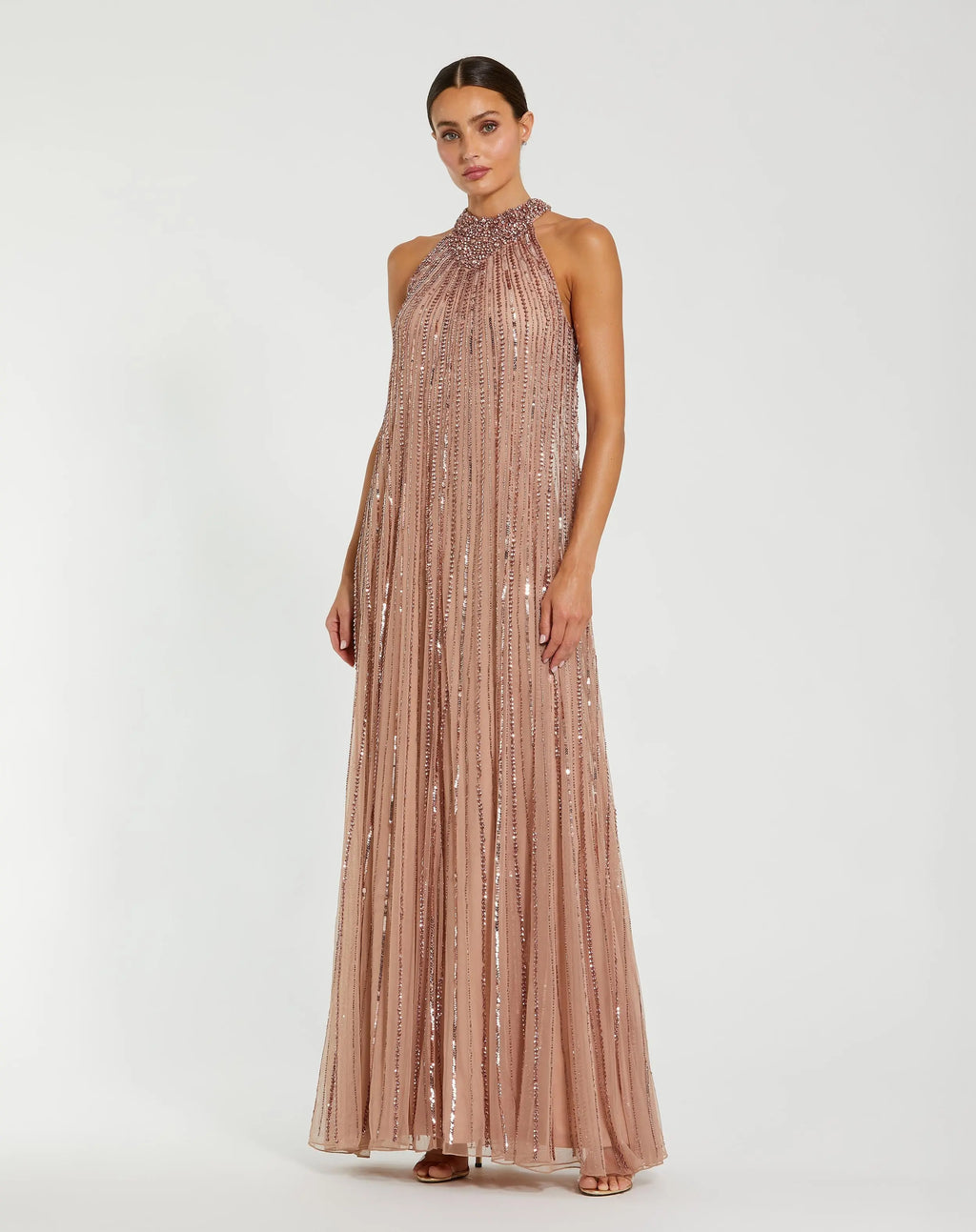 Pink Sleeveless Halter Neck Embellished Trapeze Gown