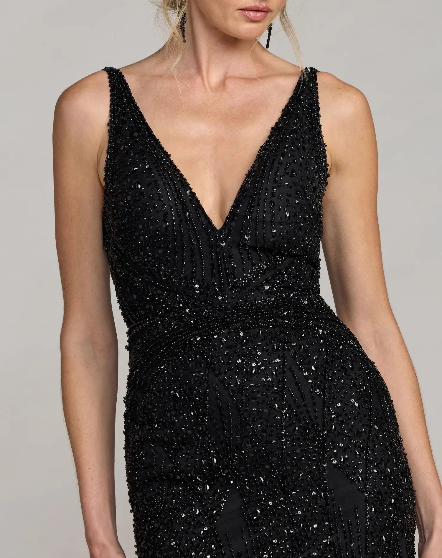 Black Embellished V-Neck Gown With Feather Hem