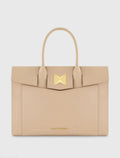 Beige Large Leather Briefcase Bag With Gold Hardware