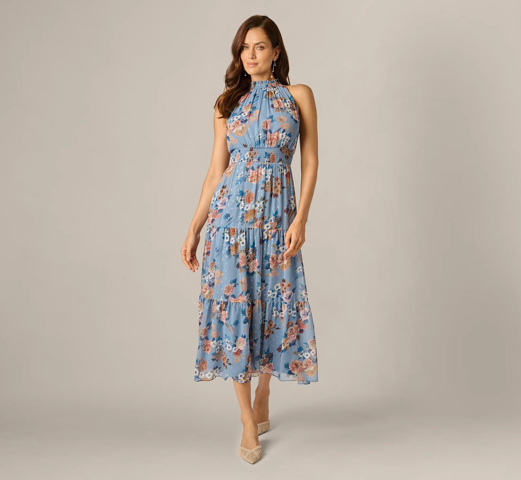 Floral Meta Chiffon Tiered Halter Midi Dress In Blue Multi