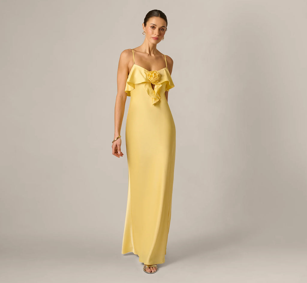 Stretch Satin Flounce Rosette Slip Gown In Butter Yellow