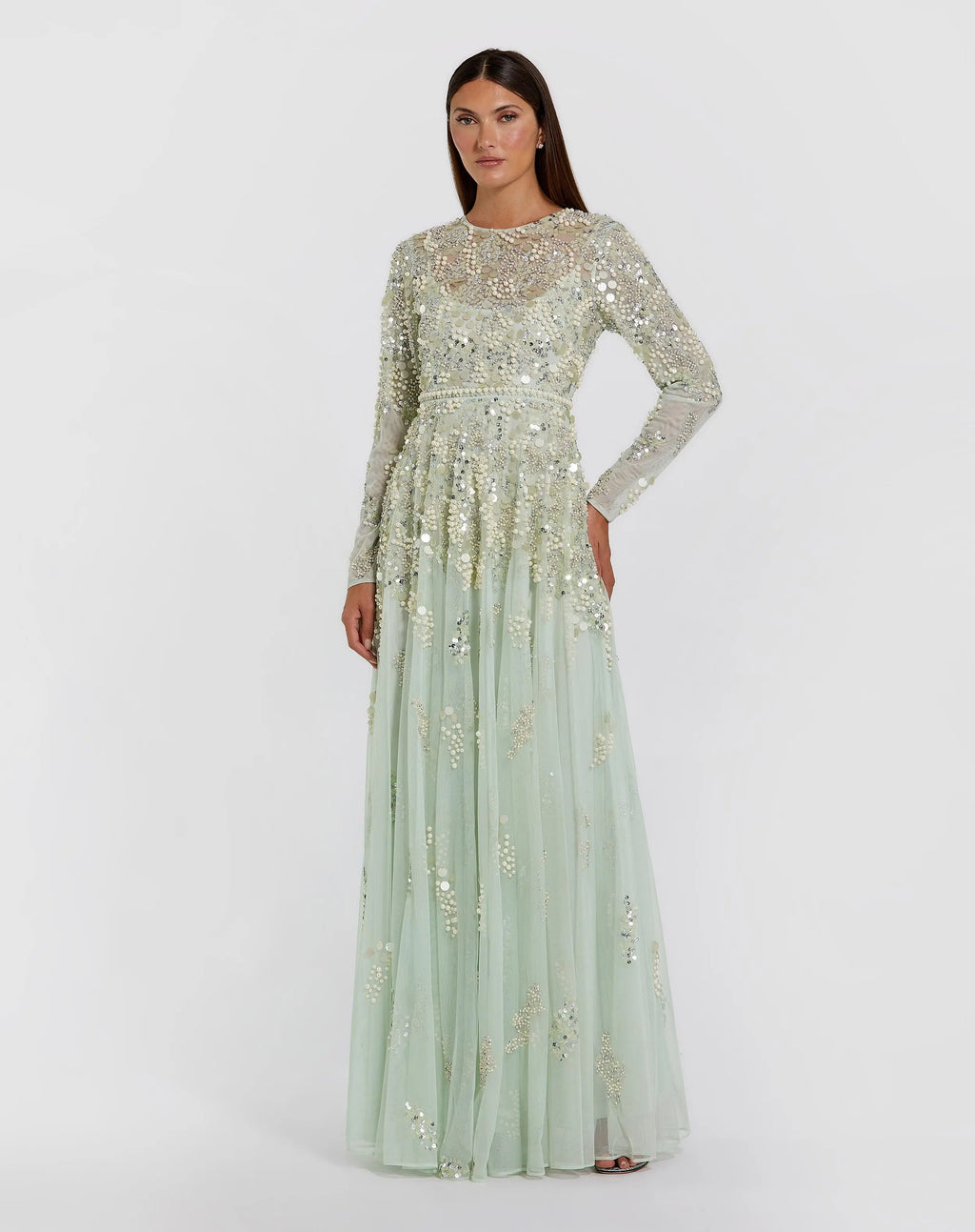 Green Long Sleeve Sequin Pearl Embellished Gown