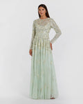 Green Long Sleeve Sequin Pearl Embellished Gown