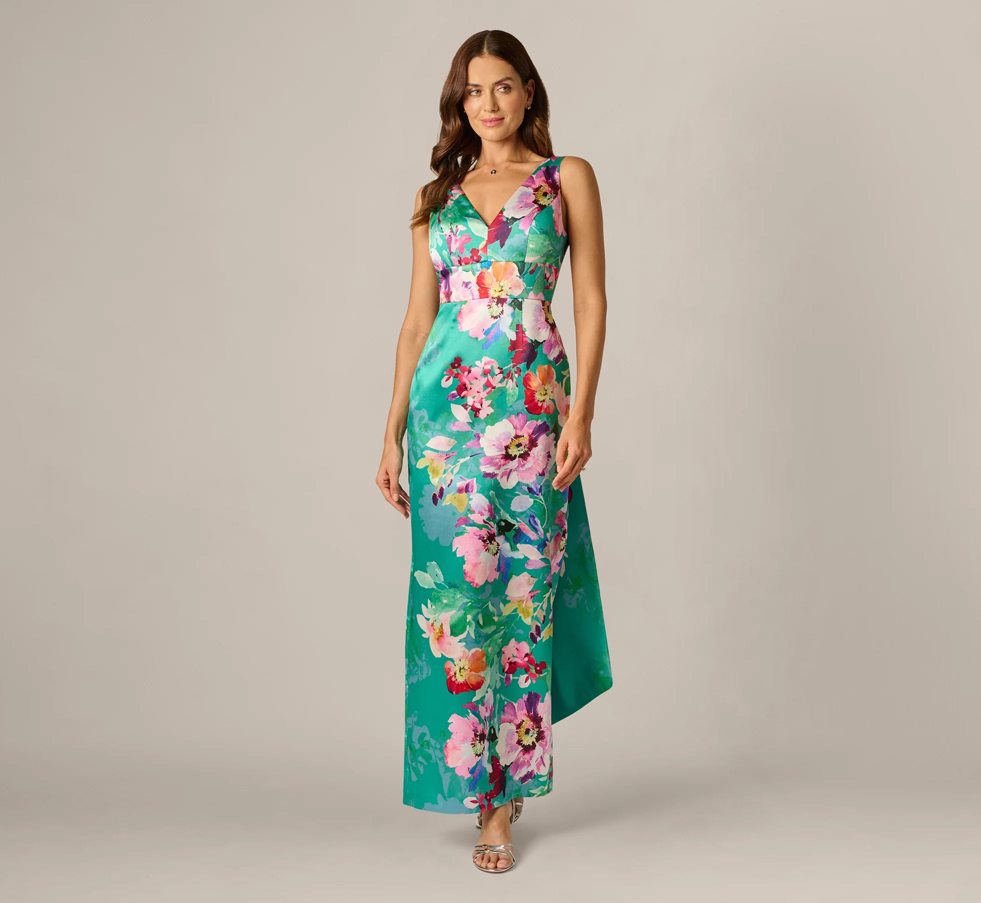 Floral Mikado Scarf Train Column Gown In Green Multi