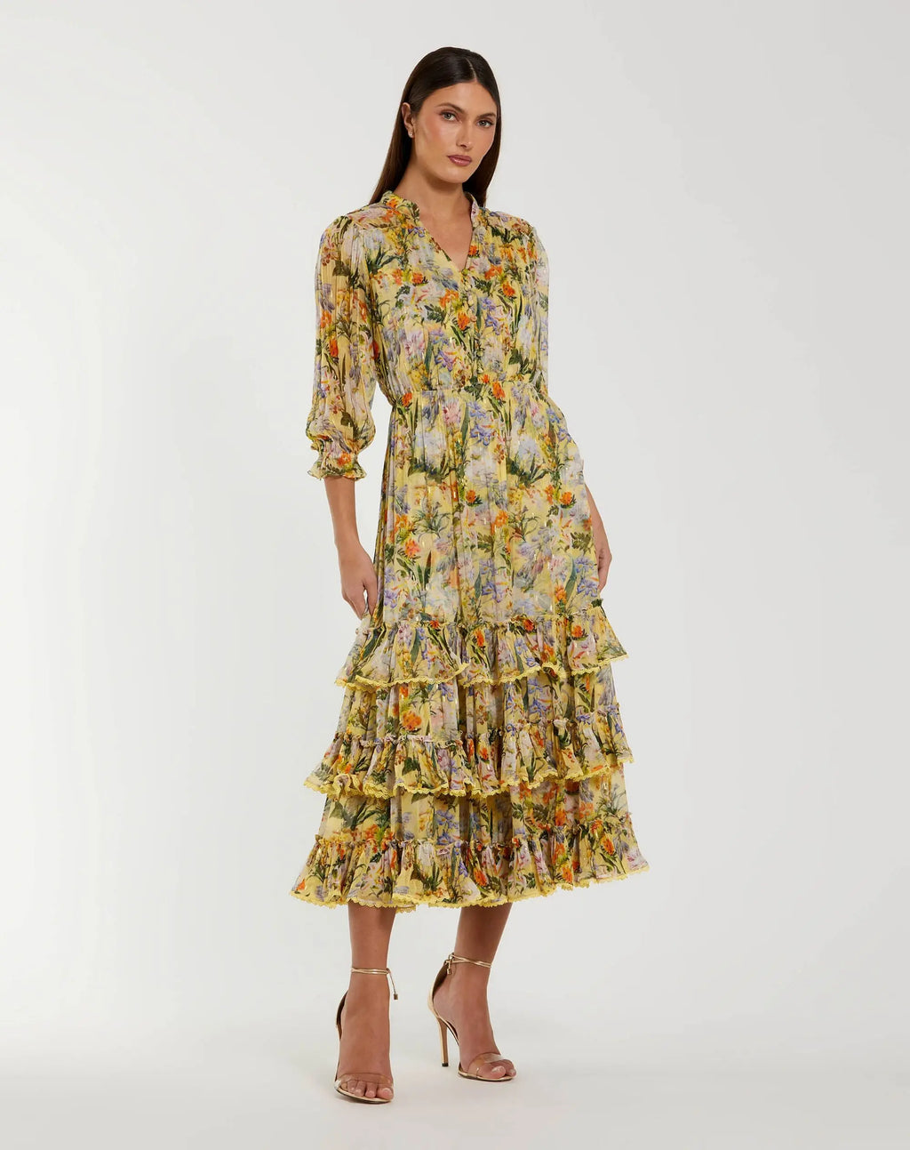 Yellow Floral V Neck Ruffle Midi Dress With 3/4 Sleeves