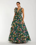 Ruffle Shoulder V-Neck Chiffon Gown