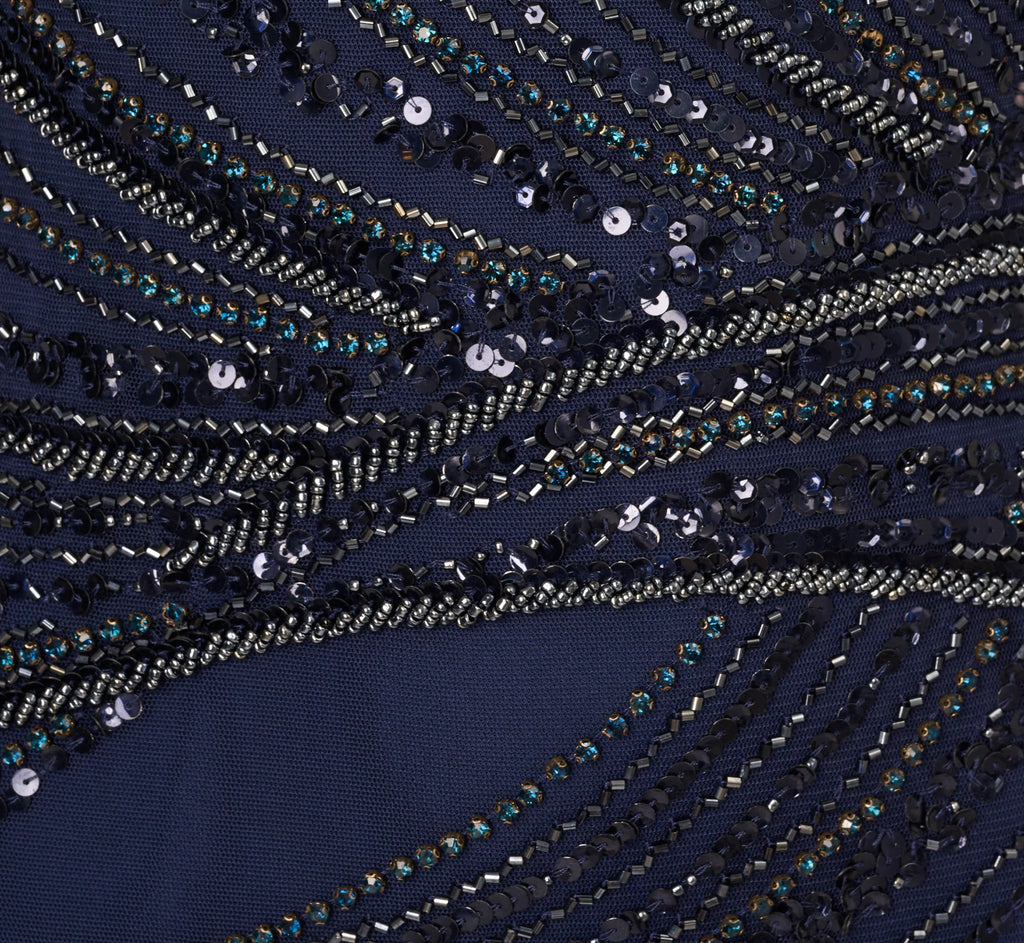 Short Sleeve Beaded Column Gown In Navy