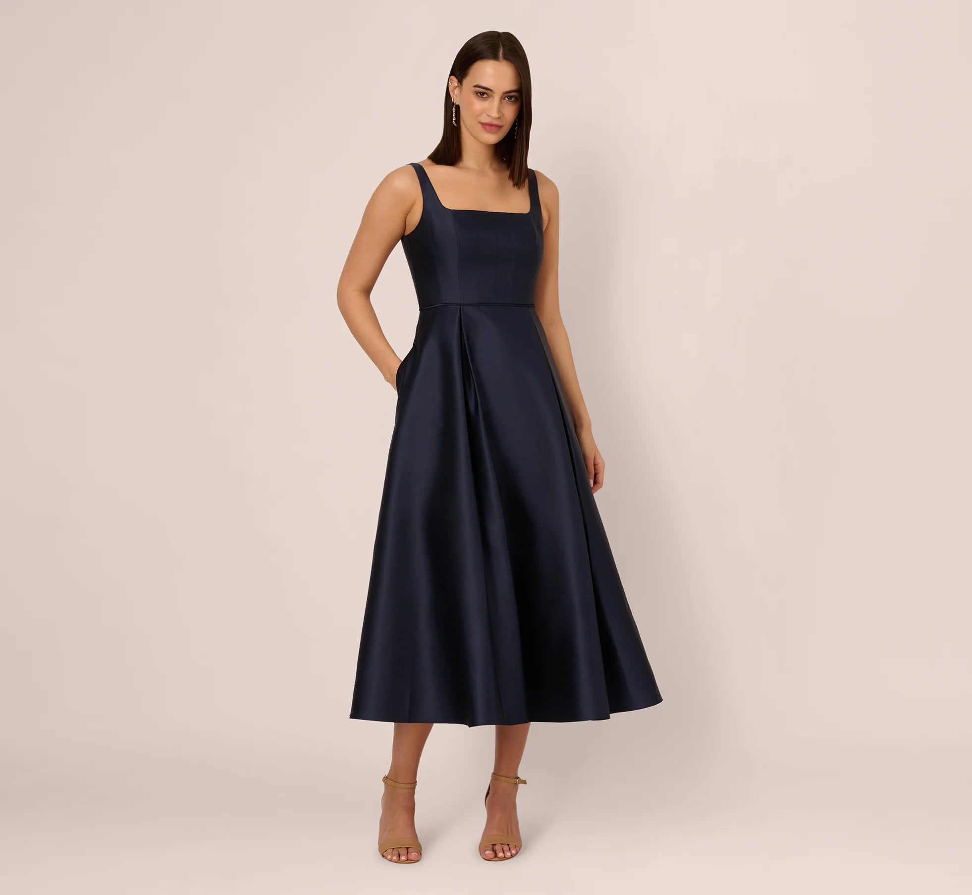 Petite Mikado Sleeveless Square Neck Midi Dress In Midnight