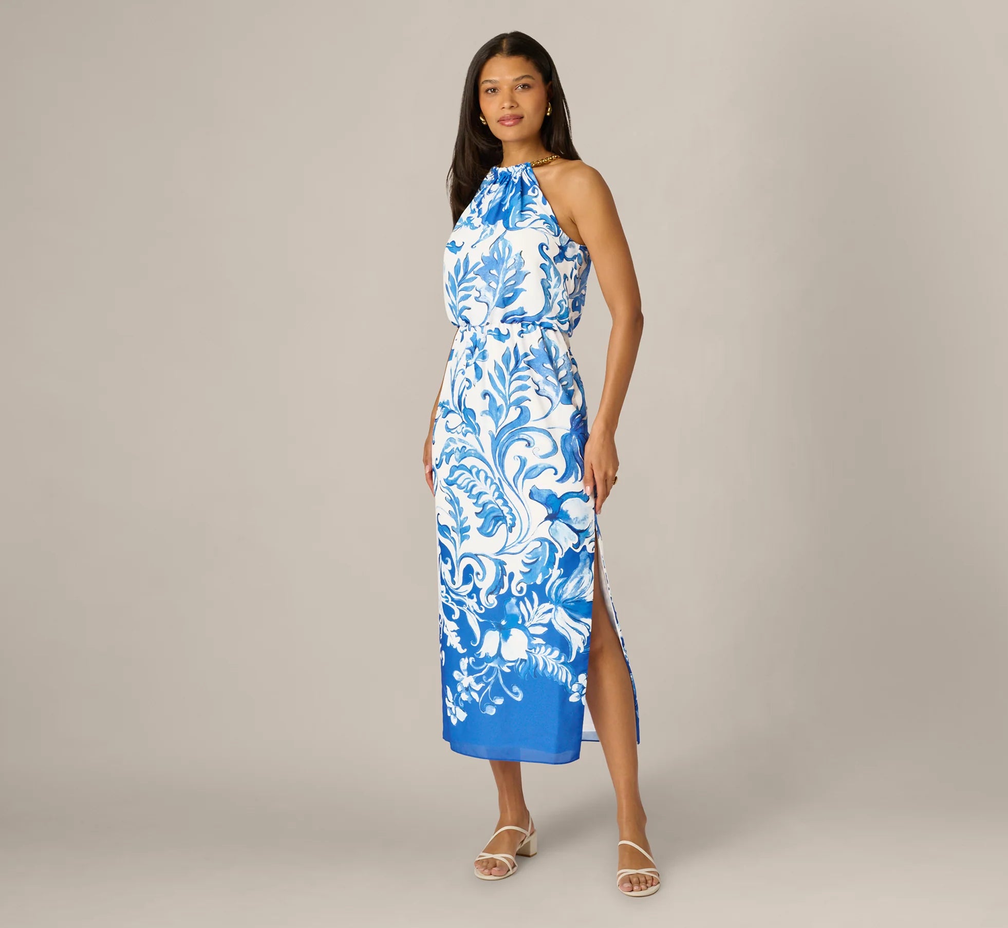 Scroll Print Chain Halter Midi In Ivory Blue
