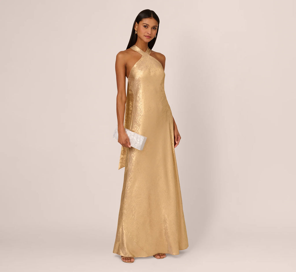 Foiled Mermaid Gown With Halter Neckline In Light Gold