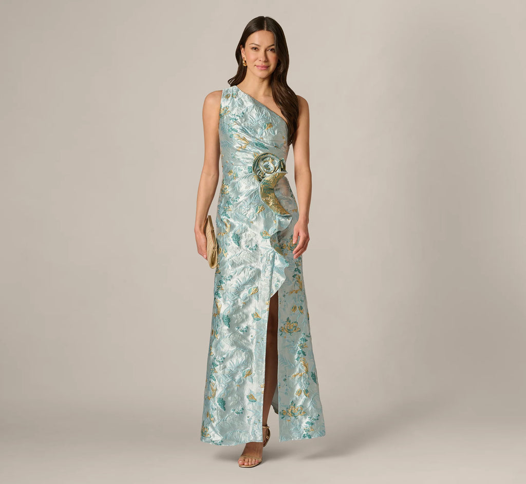 Petite One Shoulder Floral Jacquard Rosette Gown In Blue Multi