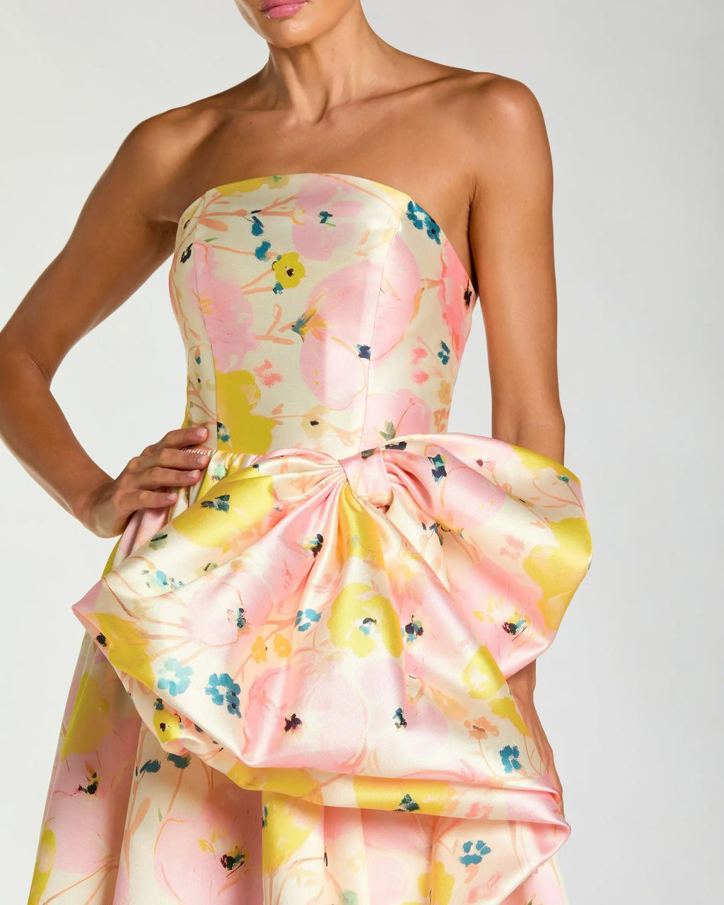 Pink Floral Strapless Bow High Slit Ball Gown
