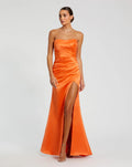 Orange  Strapless Satin Gown With Slit