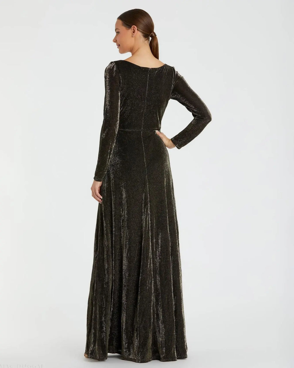 Black Long Sleeve Faux Wrap A Line Gown - FINAL SALE