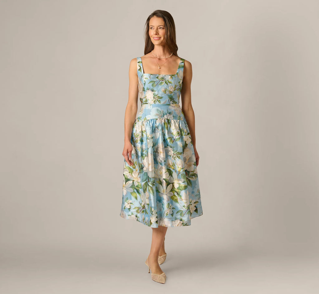 Square Neck Drop Waist Floral Jacquard Dress In Blue Multi