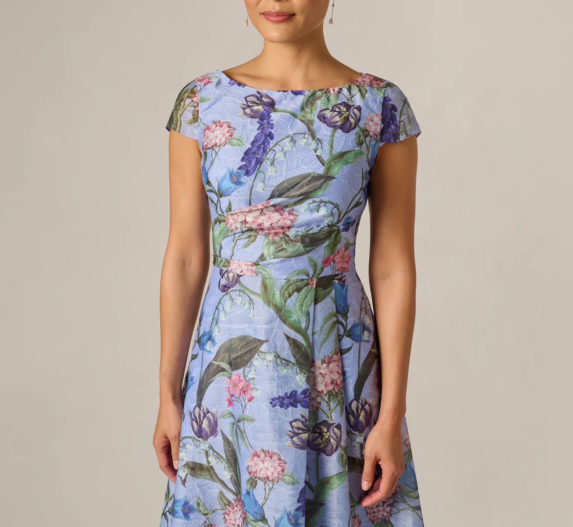 Cap Sleeve Floral Jacquard A Line Midi Dress In Blue Multi