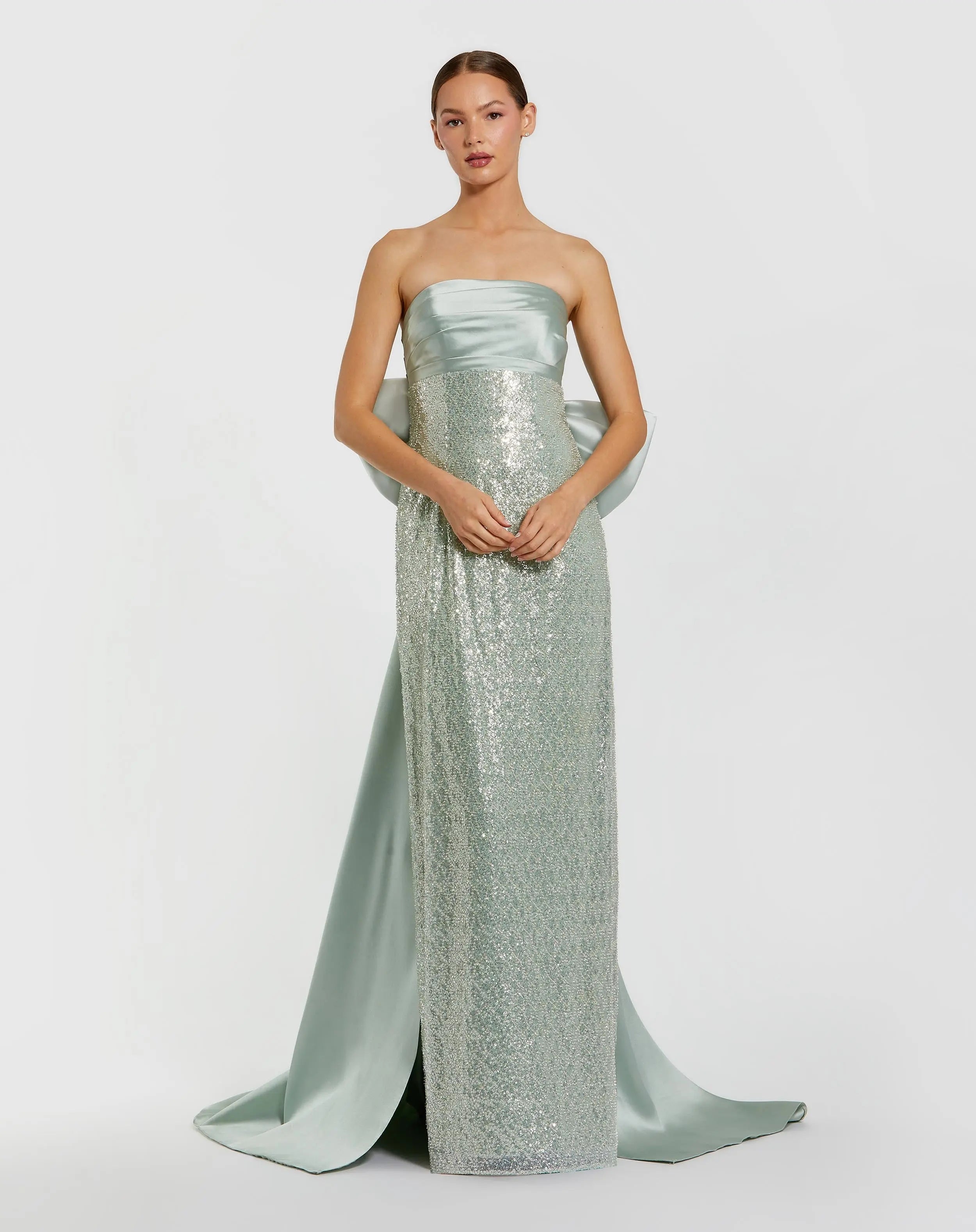 Strapless Embellished Gown With Back Bow Detail