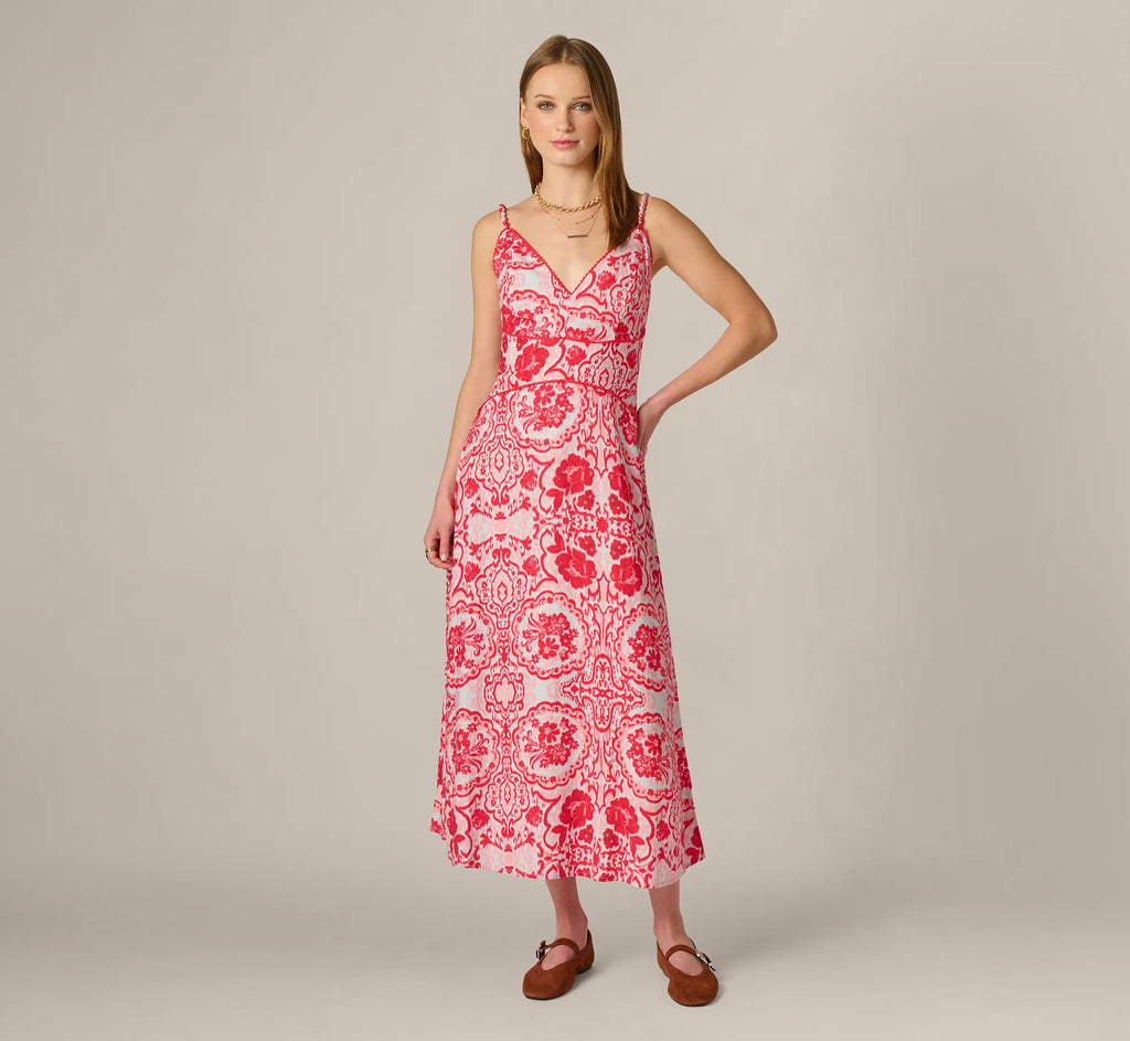 Crochet Trim Ikat Print Midi Sundress In Red Blue