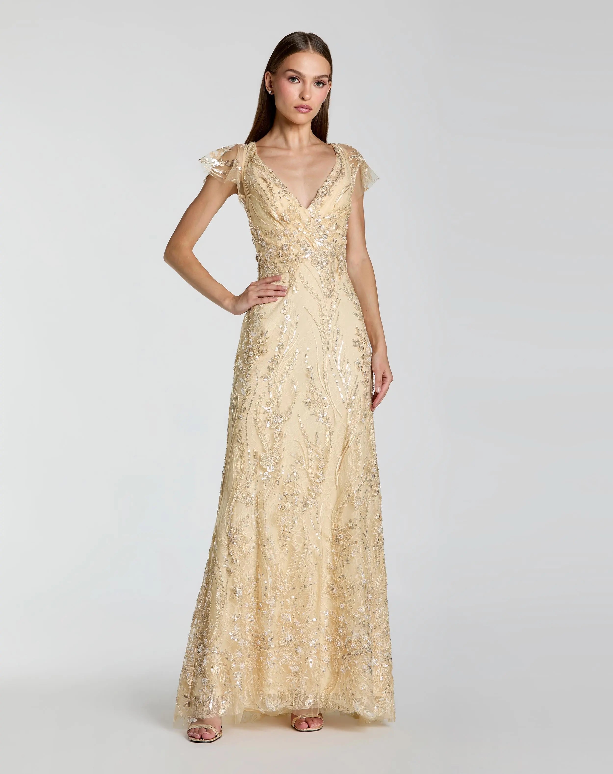 V Neck Flutter Sleeve Floral Embroidered Gown