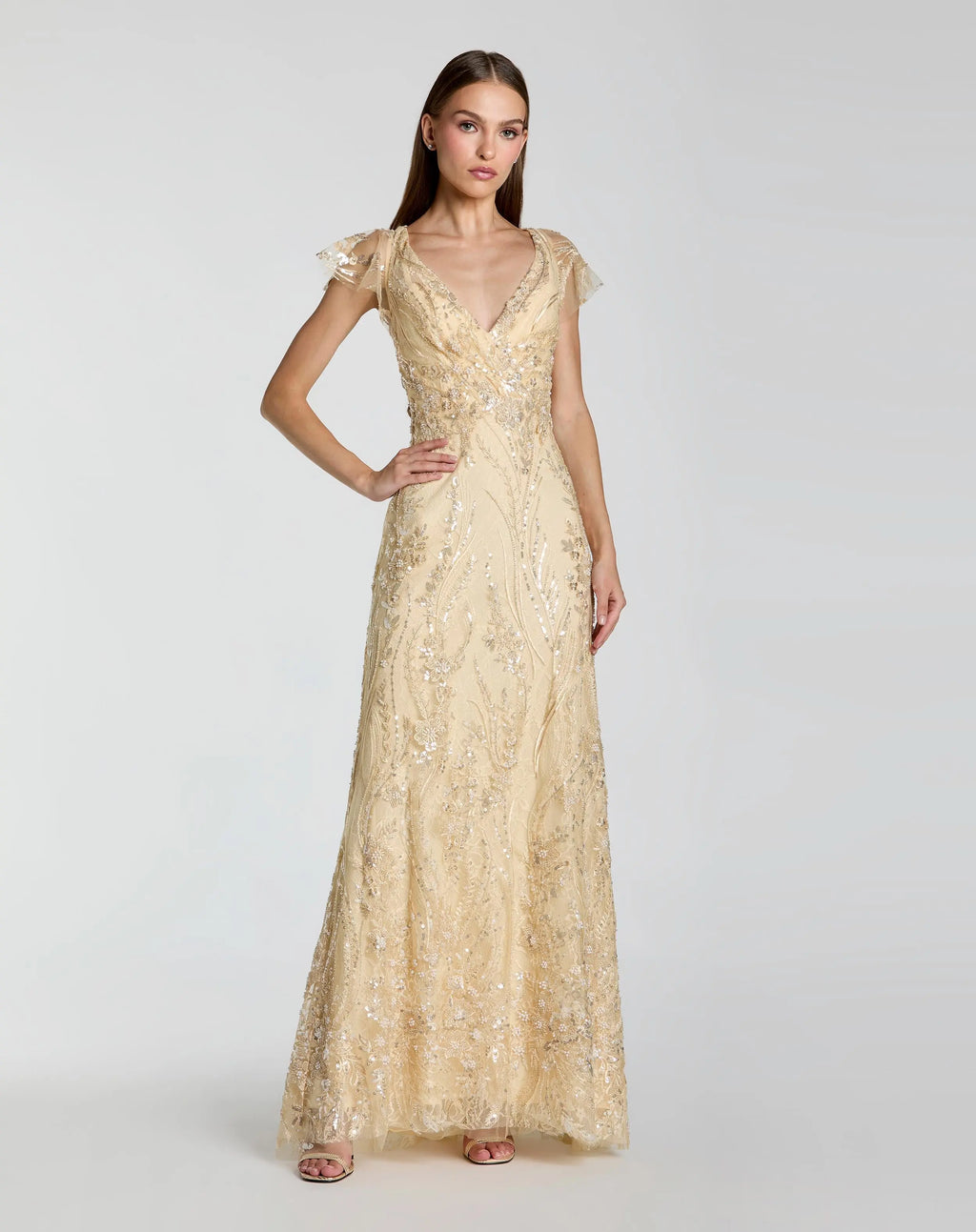 Gold V Neck Flutter Sleeve Embroidered Lace Gown